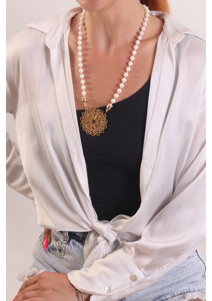 Pınkmark Kadın Gold Etnik Detaylı Ekru 65CM Uzunluk Inci Kolye PMKLY25514