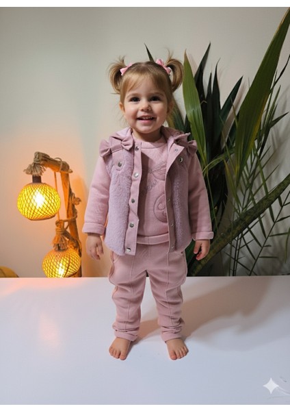 Kız Bebek Peluş Deri Üçlü Takım (Omuzdan Çıtçıtlısweatshirt+Deri Detaylı Kapşonluyelek+Pantolon)