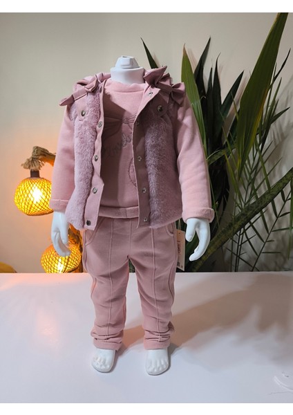 Kız Bebek Peluş Deri Üçlü Takım (Omuzdan Çıtçıtlısweatshirt+Deri Detaylı Kapşonluyelek+Pantolon) fiyatları