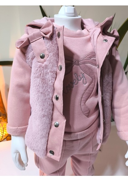 Kız Bebek Peluş Deri Üçlü Takım (Omuzdan Çıtçıtlısweatshirt+Deri Detaylı Kapşonluyelek+Pantolon) modelleri