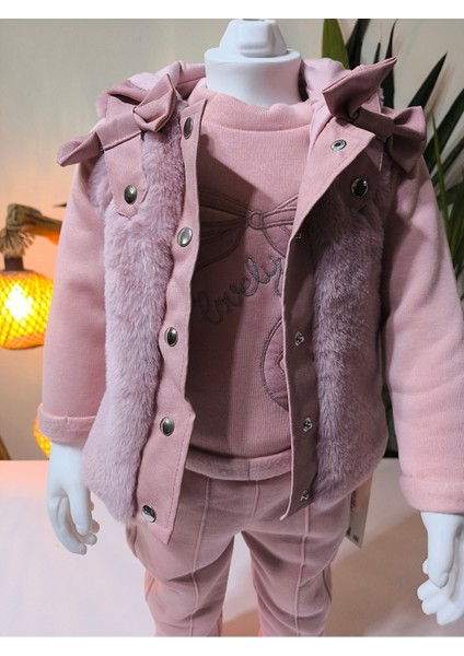 Kız Bebek Peluş Deri Üçlü Takım (Omuzdan Çıtçıtlısweatshirt+Deri Detaylı Kapşonluyelek+Pantolon) indirimleri