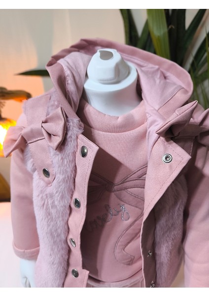 Kız Bebek Peluş Deri Üçlü Takım (Omuzdan Çıtçıtlısweatshirt+Deri Detaylı Kapşonluyelek+Pantolon)