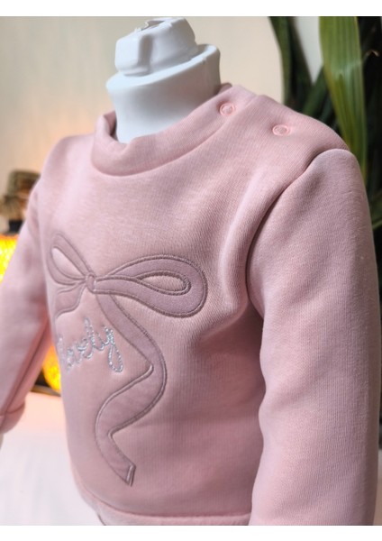 Kız Bebek Peluş Deri Üçlü Takım (Omuzdan Çıtçıtlısweatshirt+Deri Detaylı Kapşonluyelek+Pantolon)