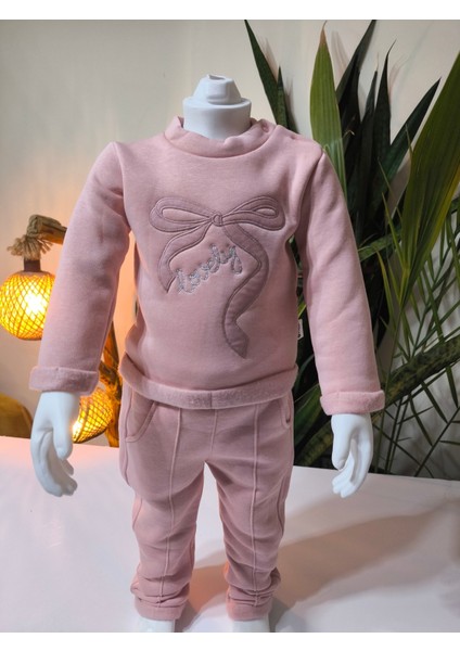 Kız Bebek Peluş Deri Üçlü Takım (Omuzdan Çıtçıtlısweatshirt+Deri Detaylı Kapşonluyelek+Pantolon)