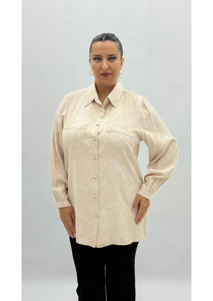 Büyük Beden Düğmeli Inci Detaylı Uzun Kol Oversize Kadın Gömlek fiyatları