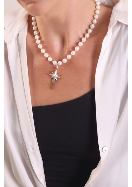 Pınkmark Kadın Gümüş Kutup Yıldızı Detaylı Ekru 55CM Uzunluk Inci Kolye PMKLY25516