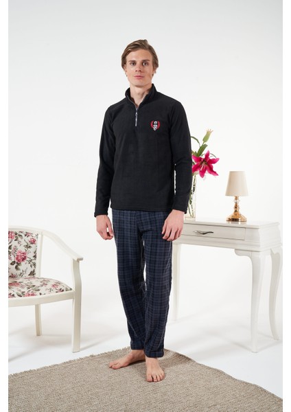 Erkek Polar Fermuarlı Üst ve Ekose Alt Pijama Takımı - 24428R