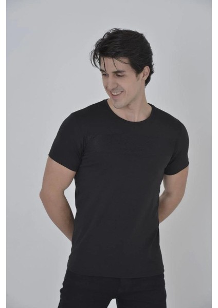 Erkek Gögüs Fileli Slim Fit T-Shirt - Siyah