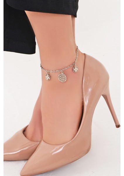 Kadın Gümüş 3 Charm Ayak Bilekliği Halhal 21 cm PMBL25615