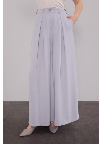 Gri Geniş Paça Piliseli Pantolon Etek