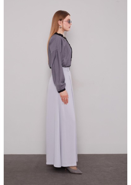 Gri Geniş Paça Piliseli Pantolon Etek modelleri