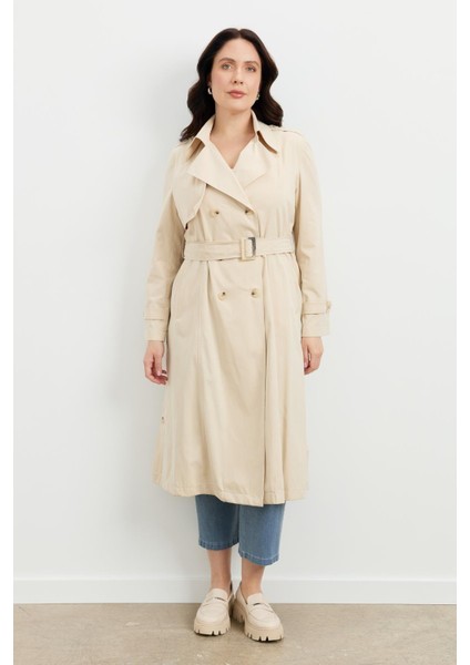 Büyük Beden Kruvaze Yaka Trençkot-BEJ
