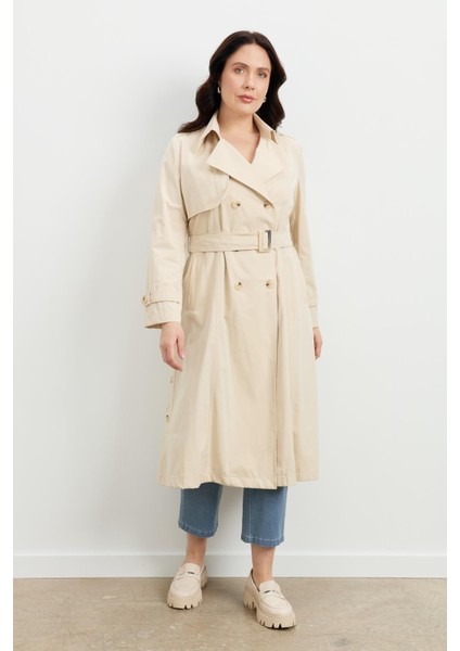 Büyük Beden Kruvaze Yaka Trençkot-BEJ