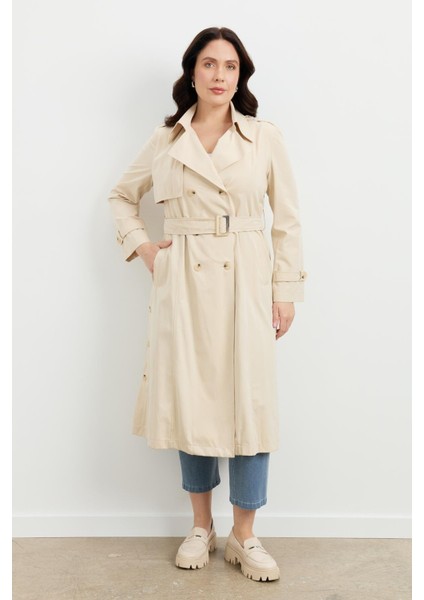 Büyük Beden Kruvaze Yaka Trençkot-BEJ