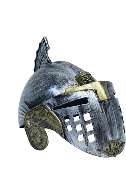 Çocuk Gümüş Üzeri Altın Renk Oynar Başlıklı Romalı Bizans Kaskı Miğferi 25X20 cm