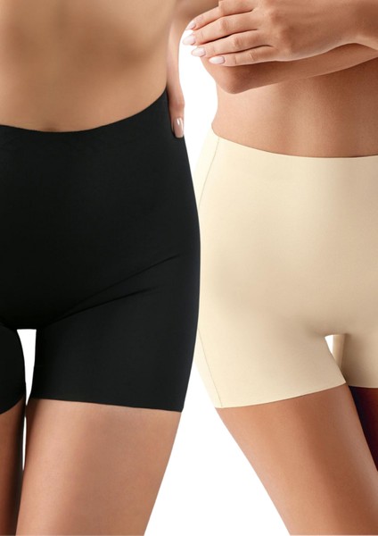 Toparlayıcı Normal Bel Mini Lazer Kesim 2 Adet Ten - Siyah Korse Şort OL.01.NB.9205