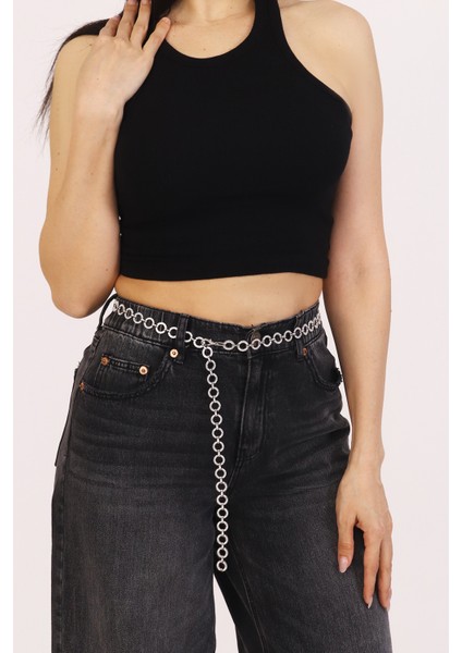 Pınkmark Kadın Gümüş Yuvarlak Desenli Zirkon Taşlı Ayarlanabilir Zincir Kemer PMKM25762