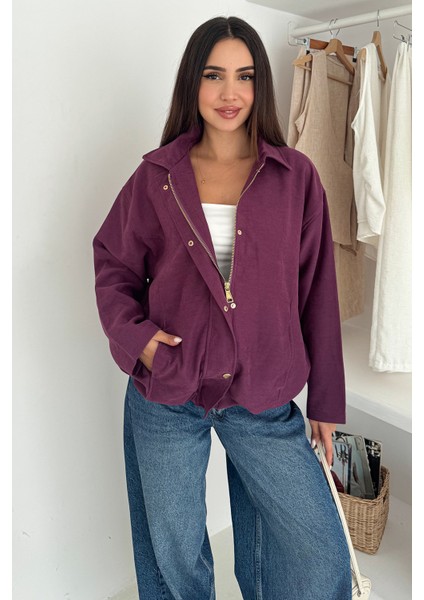 Kadın Fermuarlı Altın Düğmeli Mont– Structured Style