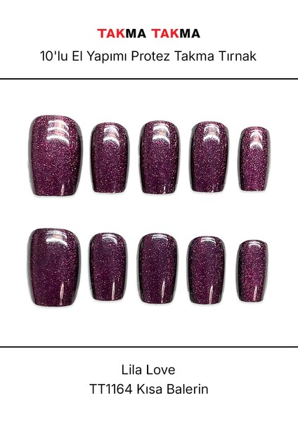10'lu Mor Kısa Balerin TT1164 Tekrar Kullanılabilir El Yapımı Protez Takma Tırnak - Mor-XS