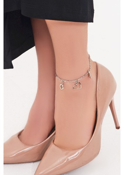 Kadın Gümüş 3 Charm Ayak Bilekliği Halhal 21 cm PMBL25616