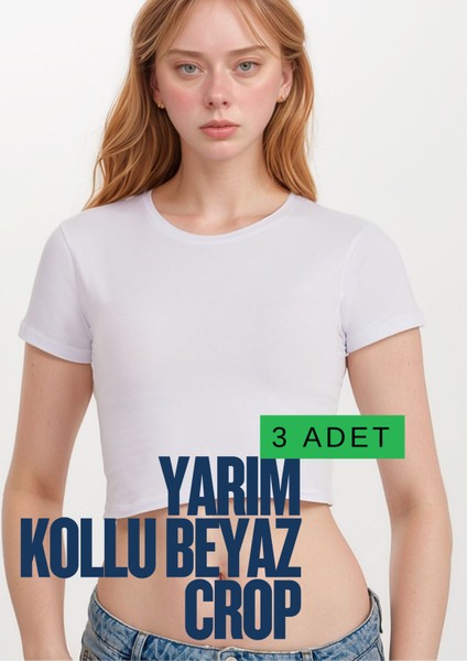 Kadın Giyim Pamuklu - Elastan Yarım Kol Bisiklet Yaka 3 Adet Beyaz Crop LL.011.ILK.110