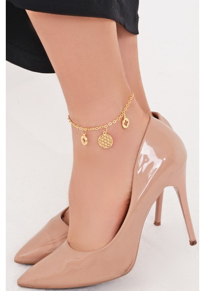 Kadın Gold 3 Charm Ayak Bilekliği Halhal 21 cm PMBL25614