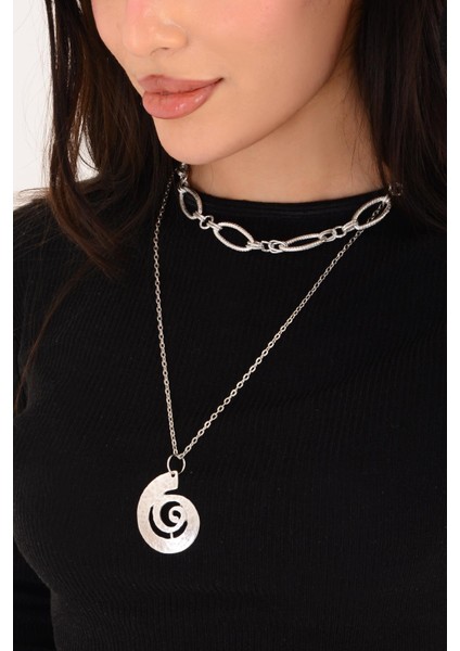 Pınkmark Kadın Gümüş Ikili Carousel Charm Kısa Chokker Kolye Seti PMKL25609