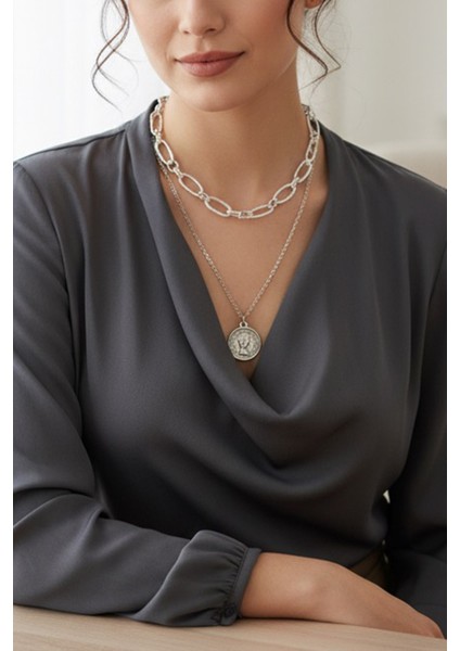 Pınkmark Kadın Gümüş Ikili Madalyon Charm Kısa Chokker Kolye Seti PMKL25610