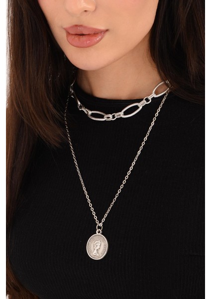 Pınkmark Kadın Gümüş Ikili Madalyon Charm Kısa Chokker Kolye Seti PMKL25610