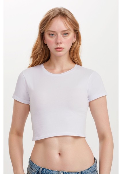 Kadın Giyim Pamuklu - Elastan Yarım Kol Bisiklet Yaka 3 Adet Beyaz Crop LL.011.ILK.110 fiyatları