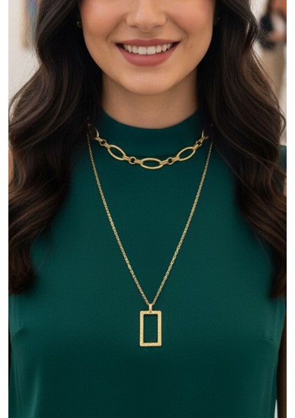 Pınkmark Kadın Gold Ikili Dikdörtgen Charm Kısa Chokker Kolye Seti PMKL25602