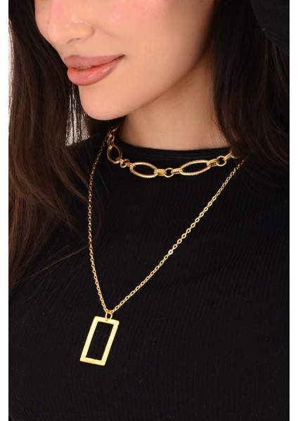 Pınkmark Kadın Gold Ikili Dikdörtgen Charm Kısa Chokker Kolye Seti PMKL25602