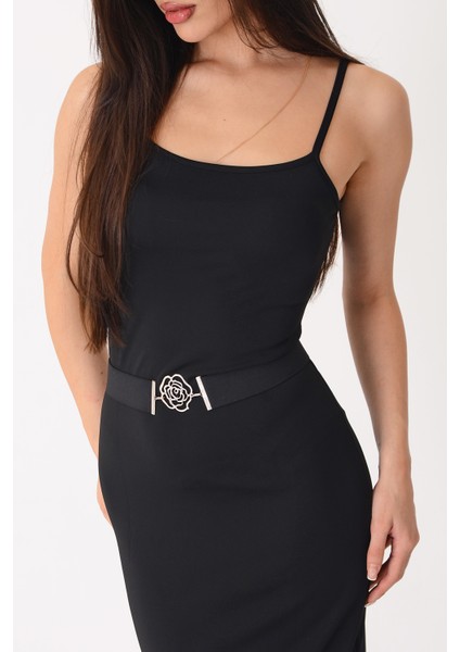 Pınkmark Kadın Gül Siyah 4 cm Genişlik Ayarlanabilir Lastik Kemer PMKM25728