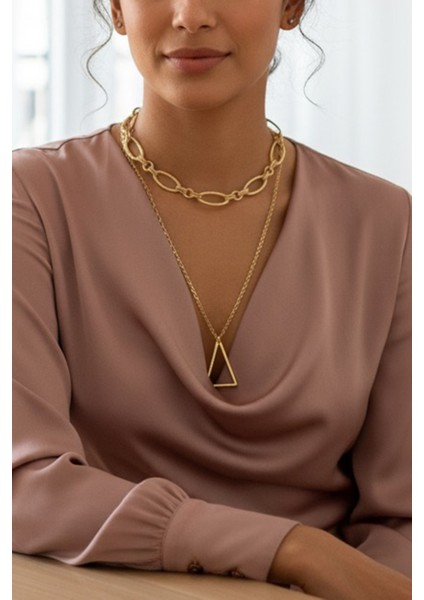 Pınkmark Kadın Gold Ikili Üçgen Charm Kısa Chokker Kolye Seti PMKL25604