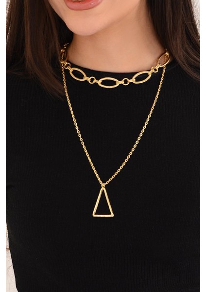 Pınkmark Kadın Gold Ikili Üçgen Charm Kısa Chokker Kolye Seti PMKL25604