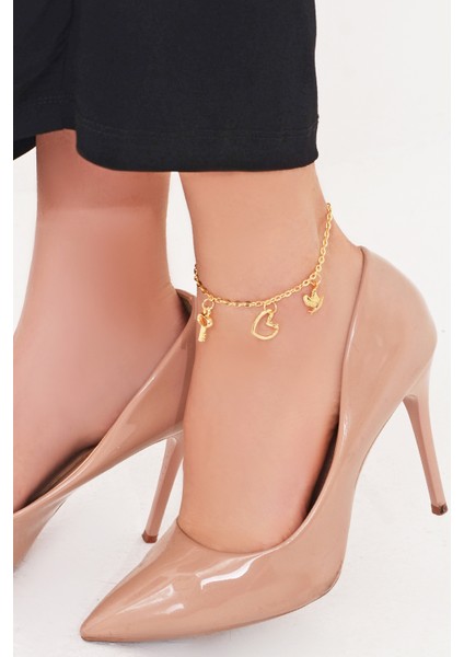 Kadın Gold 3 Charm Ayak Bilekliği Halhal 21 cm PMBL25613