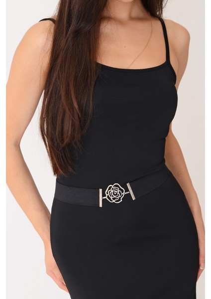 Pınkmark Kadın Gül Siyah 4 cm Genişlik Ayarlanabilir Lastik Kemer PMKM25728