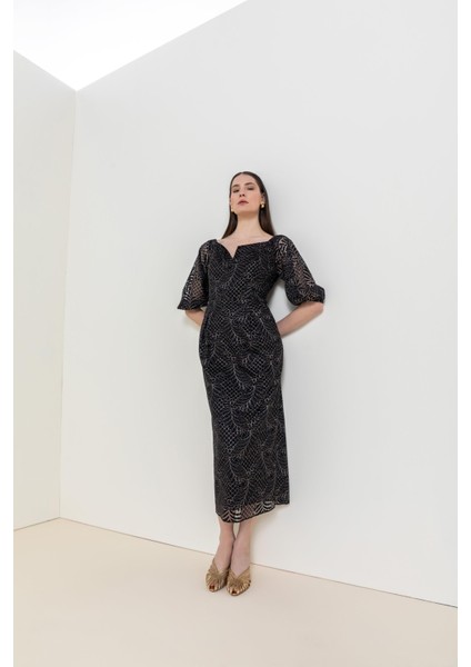 Kare Yaka Midi Elbise 26W40849