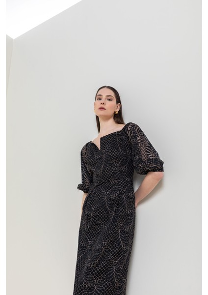 Kare Yaka Midi Elbise 26W40849