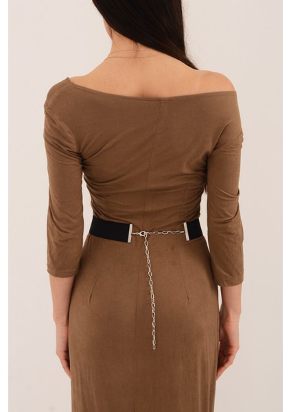 Pınkmark Kadın Gümüş Kaplamalı Zirkon Taşlı Yuvarlak 4cm Genişlik Ayarlanabilir Lastik Kemer PMKM25721