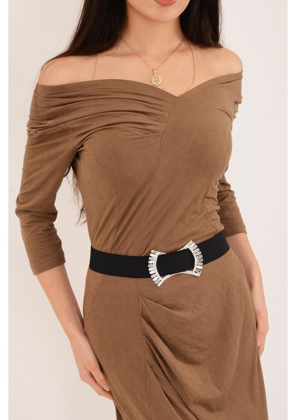 Pınkmark Kadın Gümüş Kaplamalı Baget Taşlı Zirkon 4cm Genişlik Ayarlanabilir Lastik Kemer PMKM25707