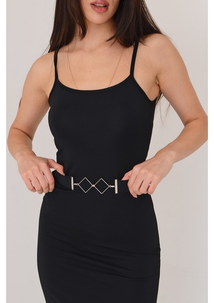 Pınkmark Kadın Kare Siyah 4 cm Genişlik Ayarlanabilir Lastik Kemer PMKM25730