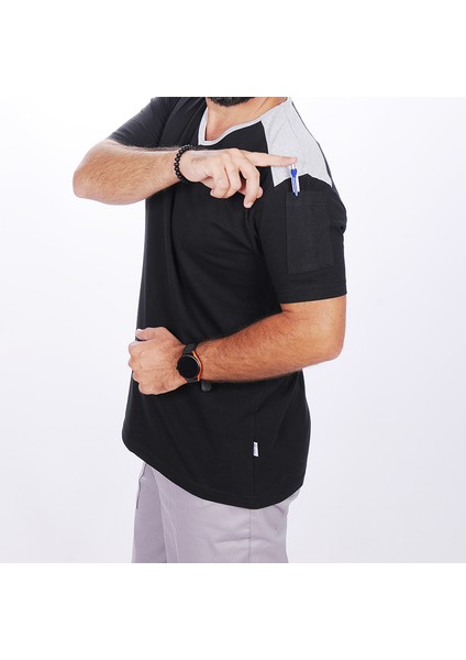 V Yaka Omuz Garnili Tişört Siyah-Gri indirimleri