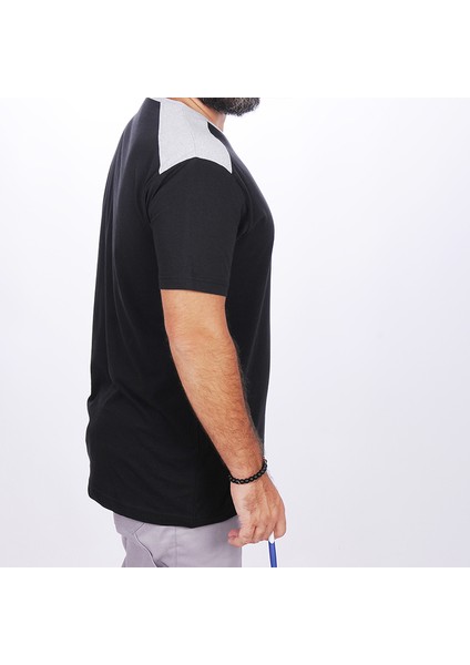 V Yaka Omuz Garnili Tişört Siyah-Gri