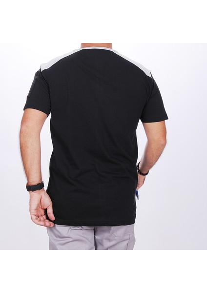 V Yaka Omuz Garnili Tişört Siyah-Gri