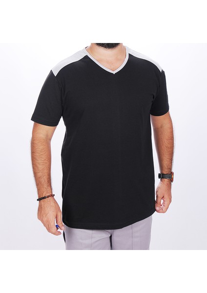 V Yaka Omuz Garnili Tişört Siyah-Gri