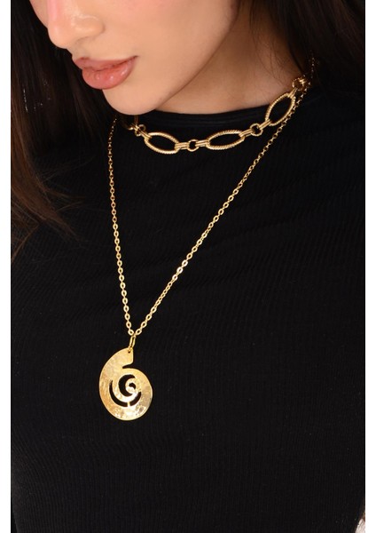 Pınkmark Kadın Gold Ikili Carousel Charm Kısa Chokker Kolye Seti PMKL25601