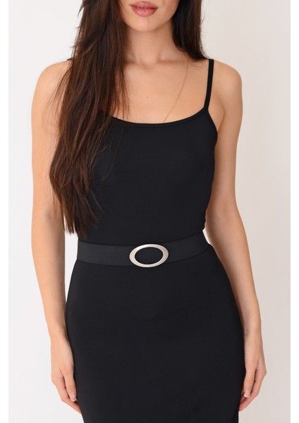 Pınkmark Kadın Gümüş Eskitme 4cm Genişlik Ayarlanabilir Lastik Kemer PMKM25691