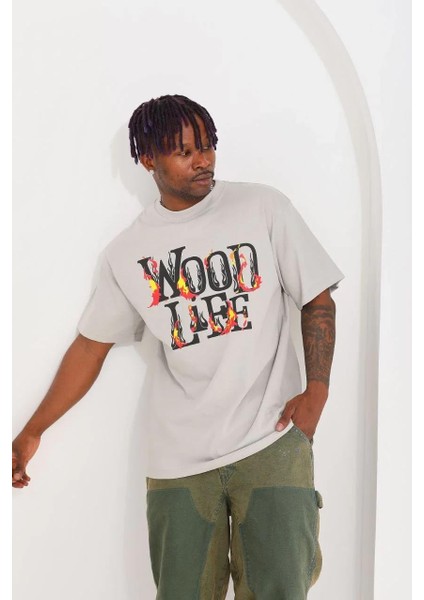 Unisex Baskılı Oversize T-Shirt - Gri