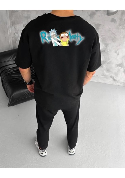 Unisex Bisiklet Yaka Baskılı Oversize T-Shirt - Siyah fiyatları